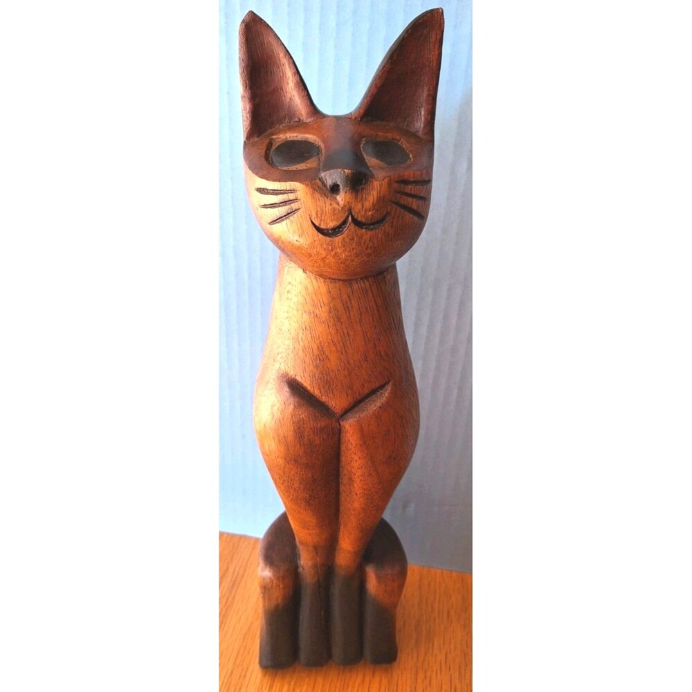 Vtg MCM Carved Wood Cat Figure Statue Sculpture Figurine 15" Made In Thailand